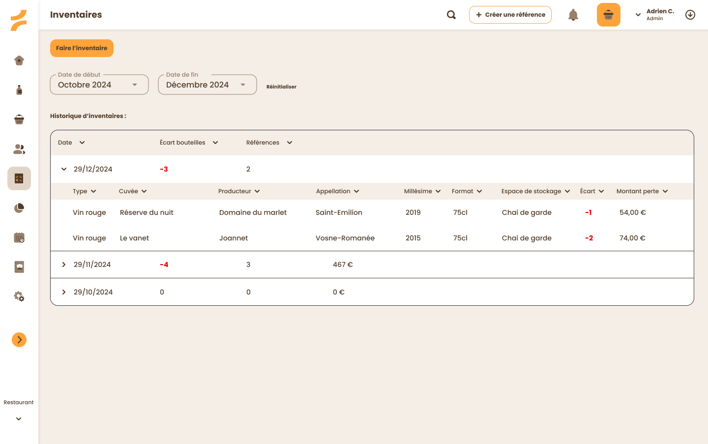Interface GoStan — vue inventaire mobile avec historique