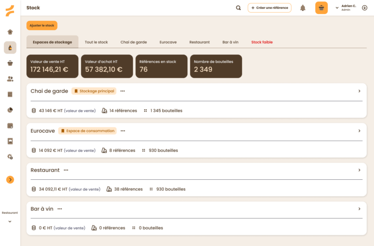 Interface GoStan — vue multi-établissements et espaces de stockage
